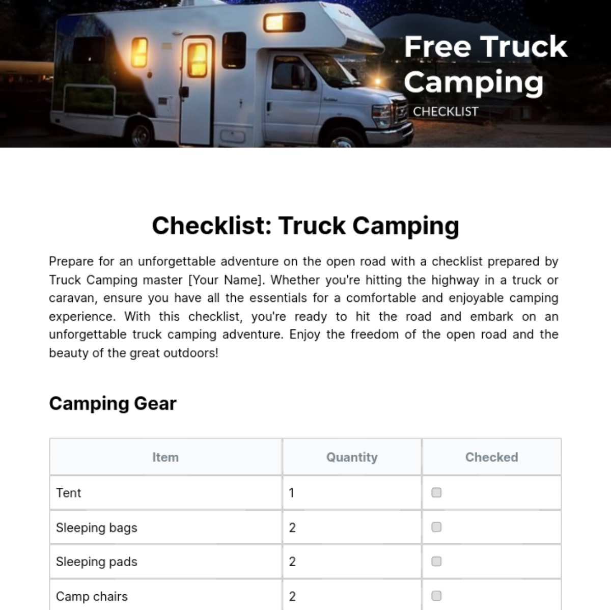 Free Truck Camping Checklist Template