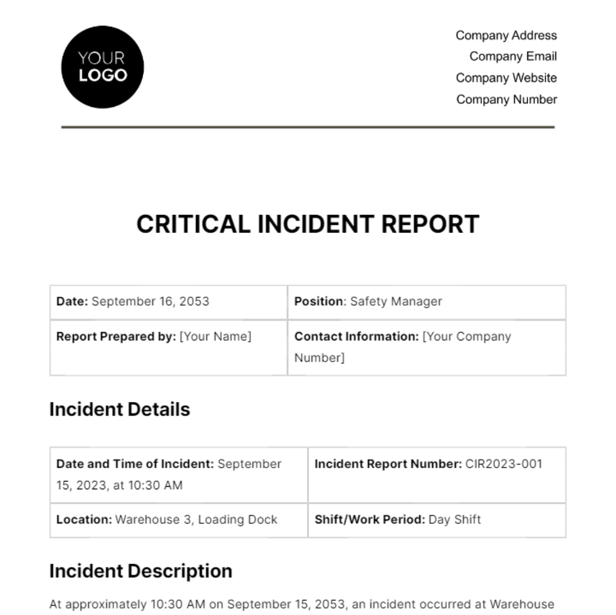 Free Critical Incident Report HR Template