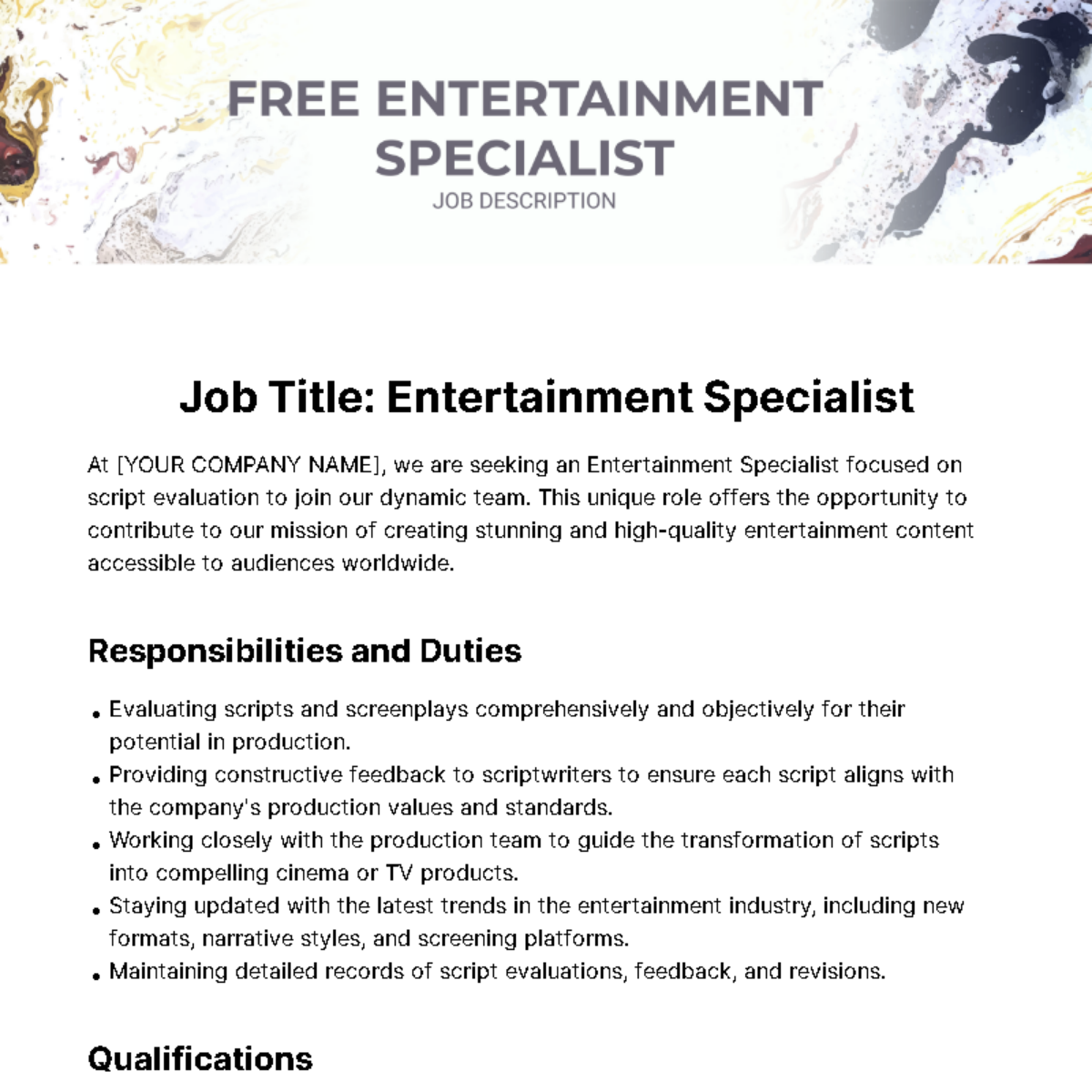 Free Entertainment Specialist Job Description Template
