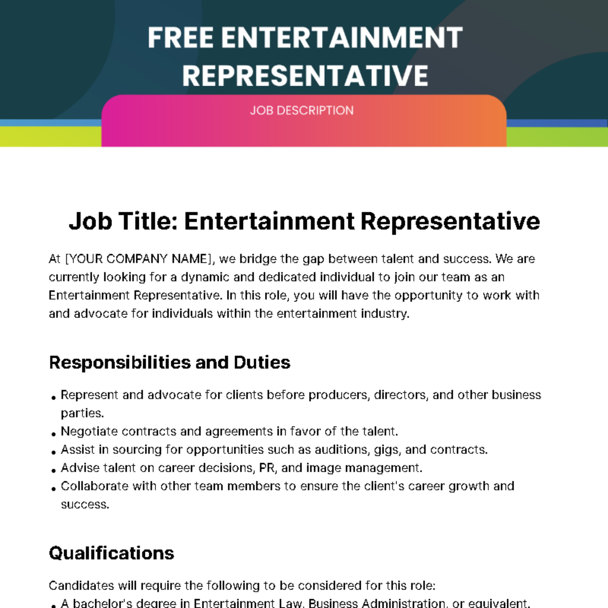 Free Entertainment Representative Job Description Template