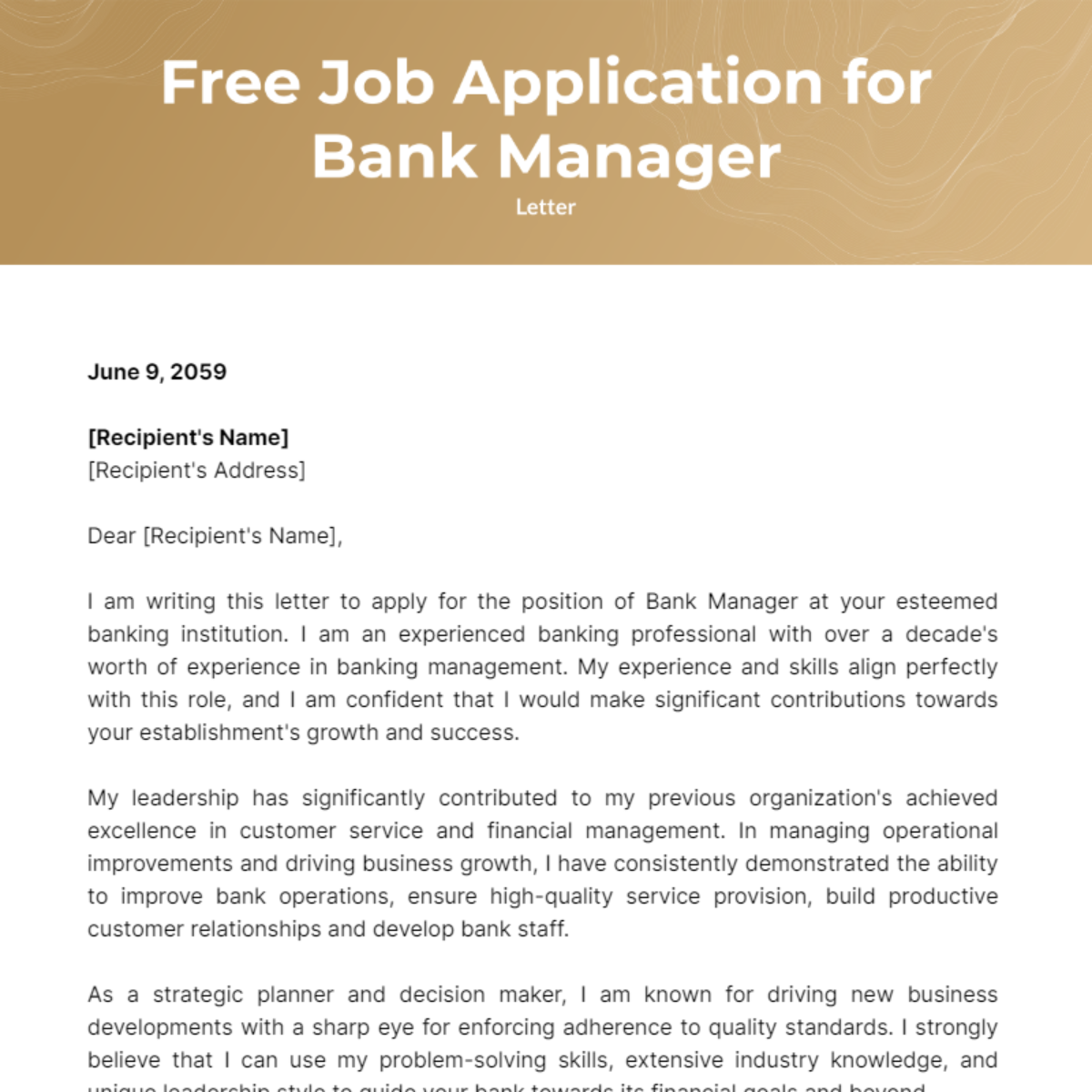 Job Application Letter for Bank Manager Template