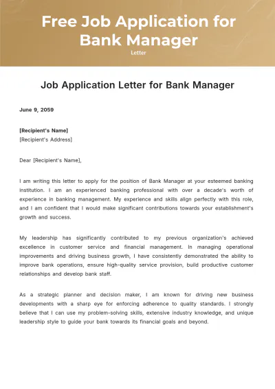 Free Job Application Letter for Bank Manager Template to Edit Online