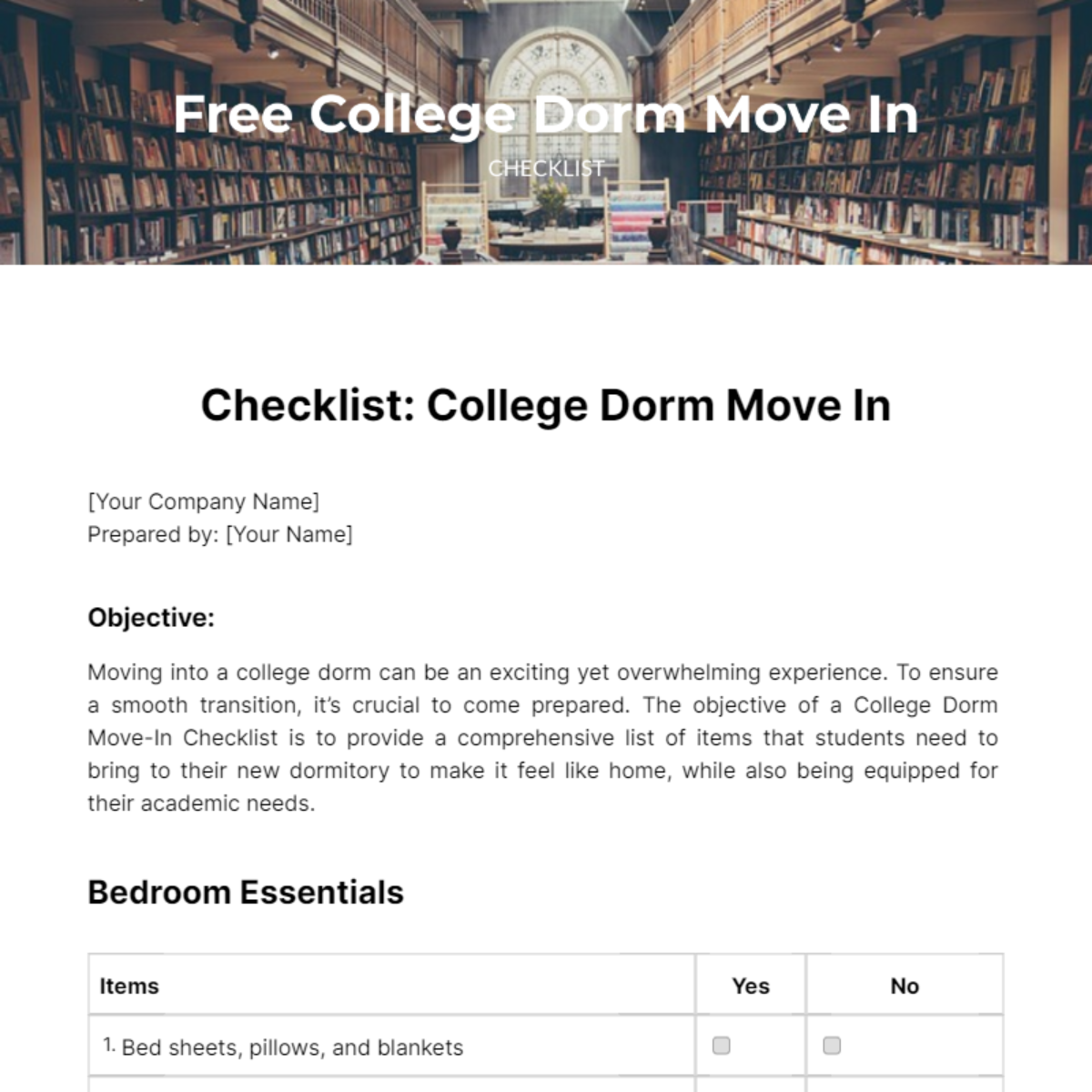 College Dorm Move In Checklist Template