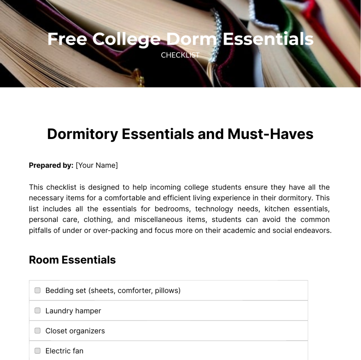 College Dorm Essentials Checklist Template