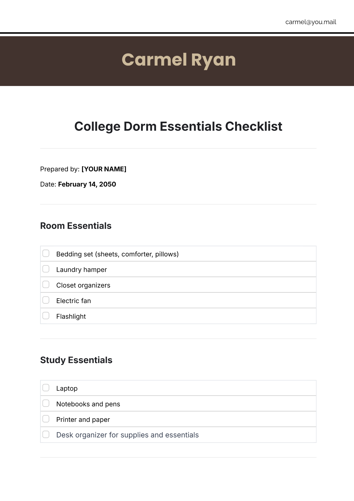 College Dorm Essentials Checklist Template - Edit Online & Download