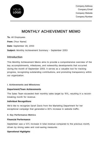 Free Monthly Achievement Memo HR Template to Edit Online