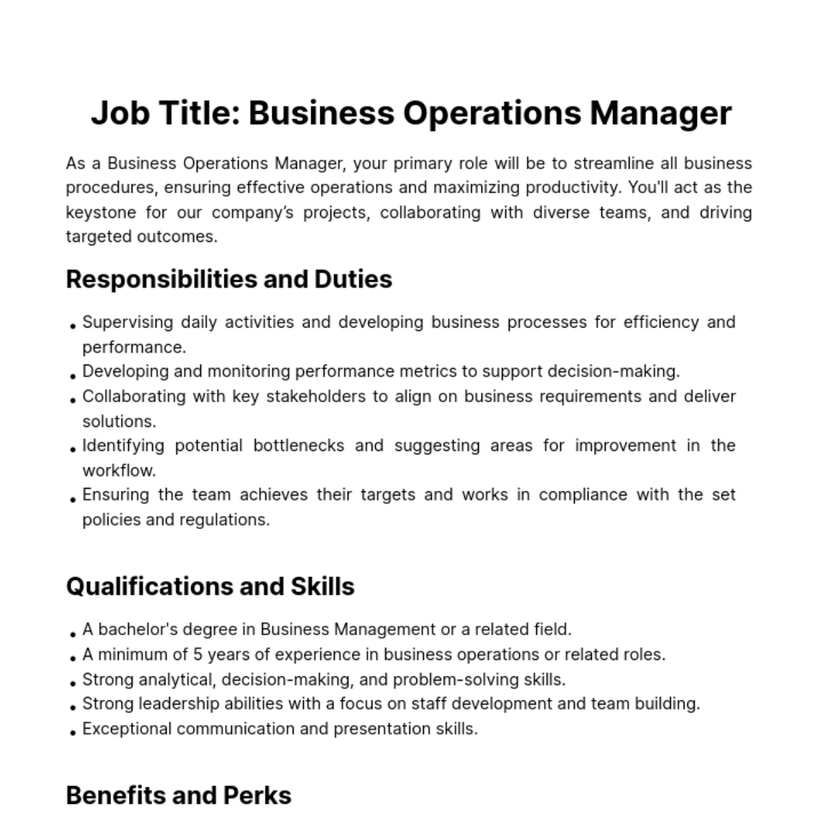 Free Business Operations Manager Job Description Template