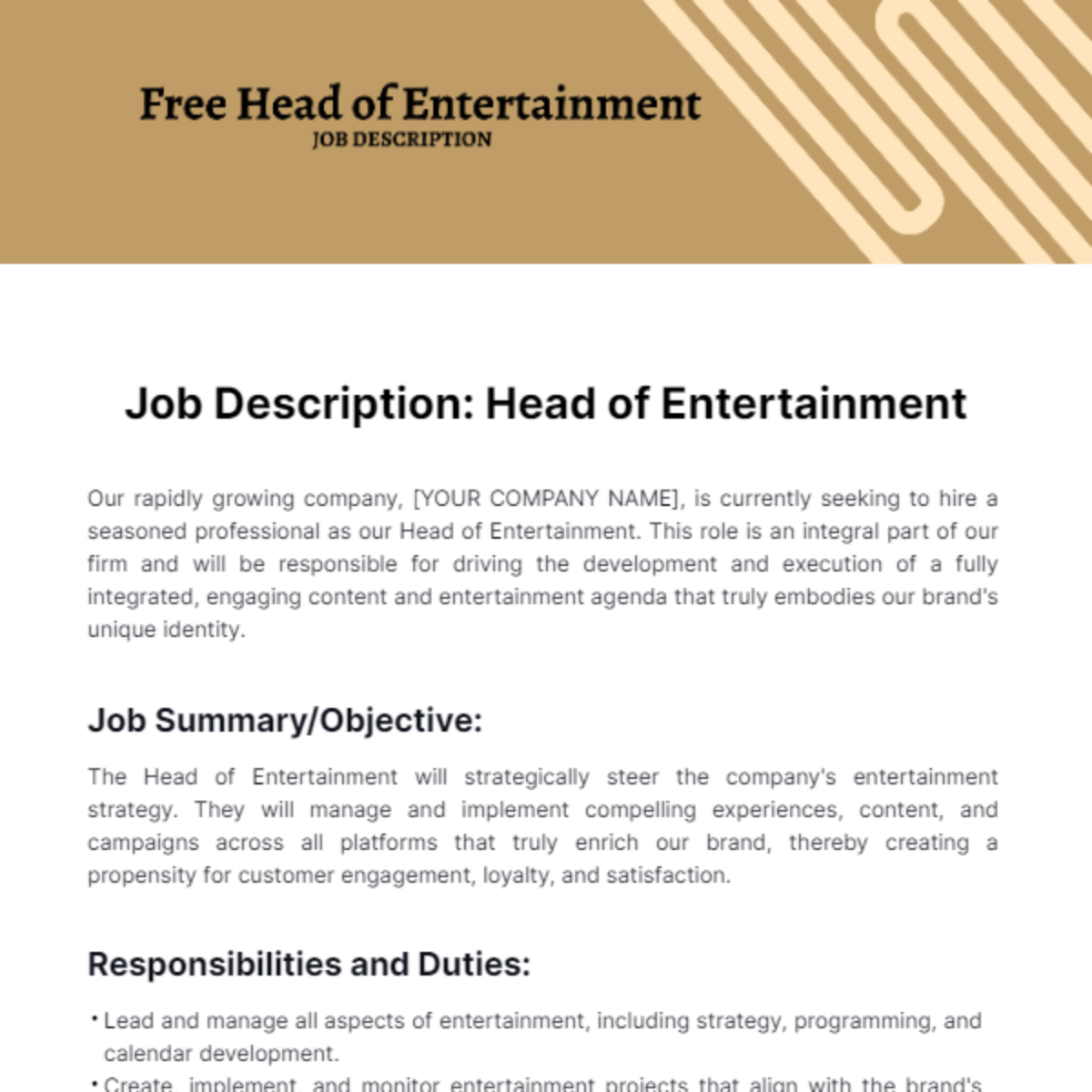 Free Head of Entertainment Job Description Template