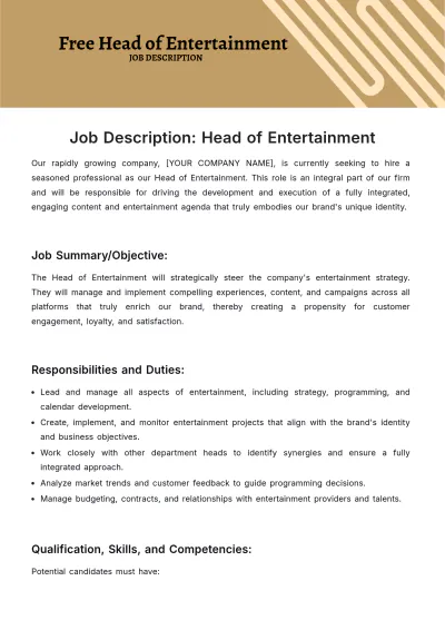 Free Head of Entertainment Job Description Template to Edit Online