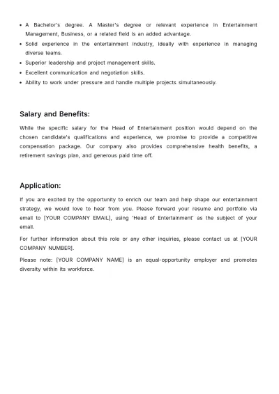 Free Head of Entertainment Job Description Template to Edit Online