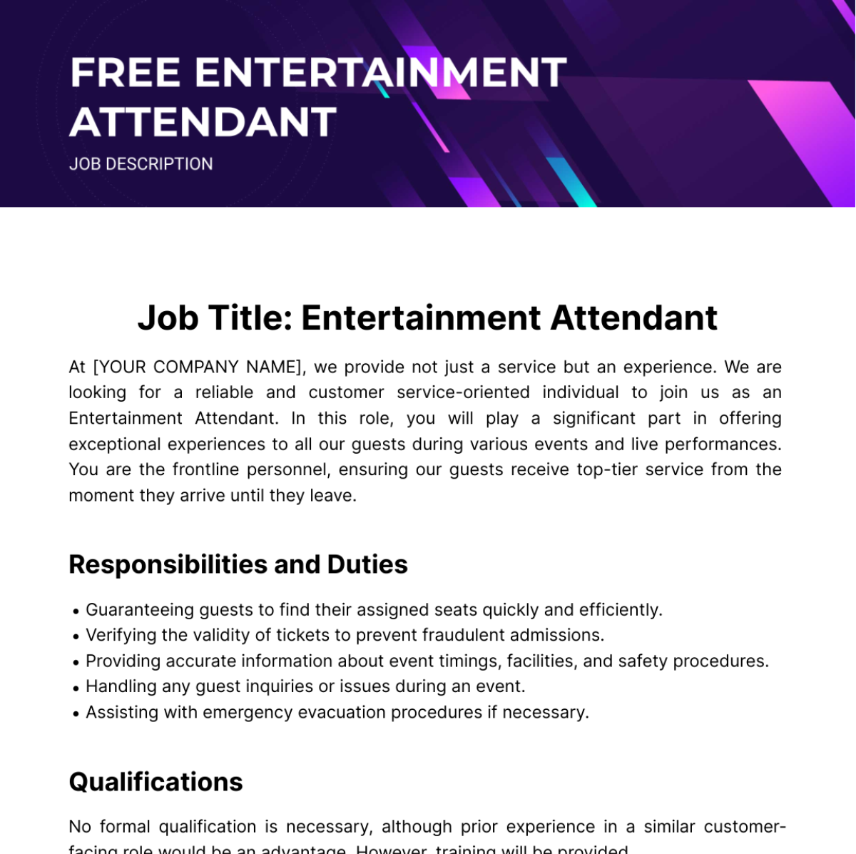 Free Entertainment Attendant Job Description Template