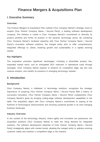 Free Finance Mergers & Acquisitions Plan Template to Edit Online
