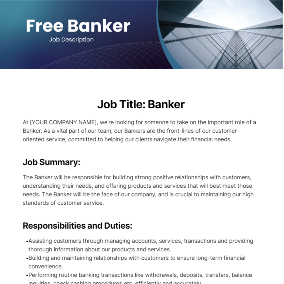 Banker Job Description Template - Edit Online & Download