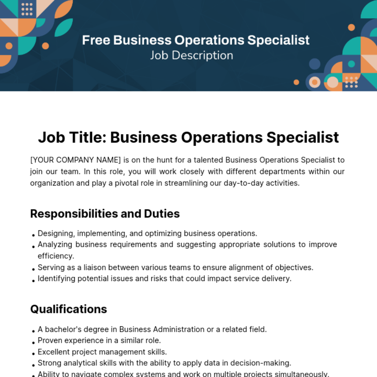 Business Operations Specialist Job Description Template