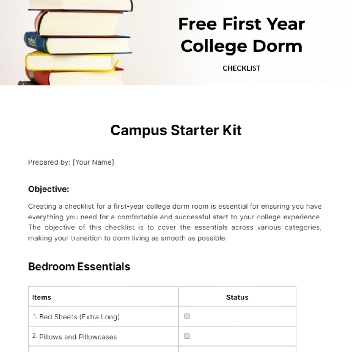First Year College Dorm Checklist Template