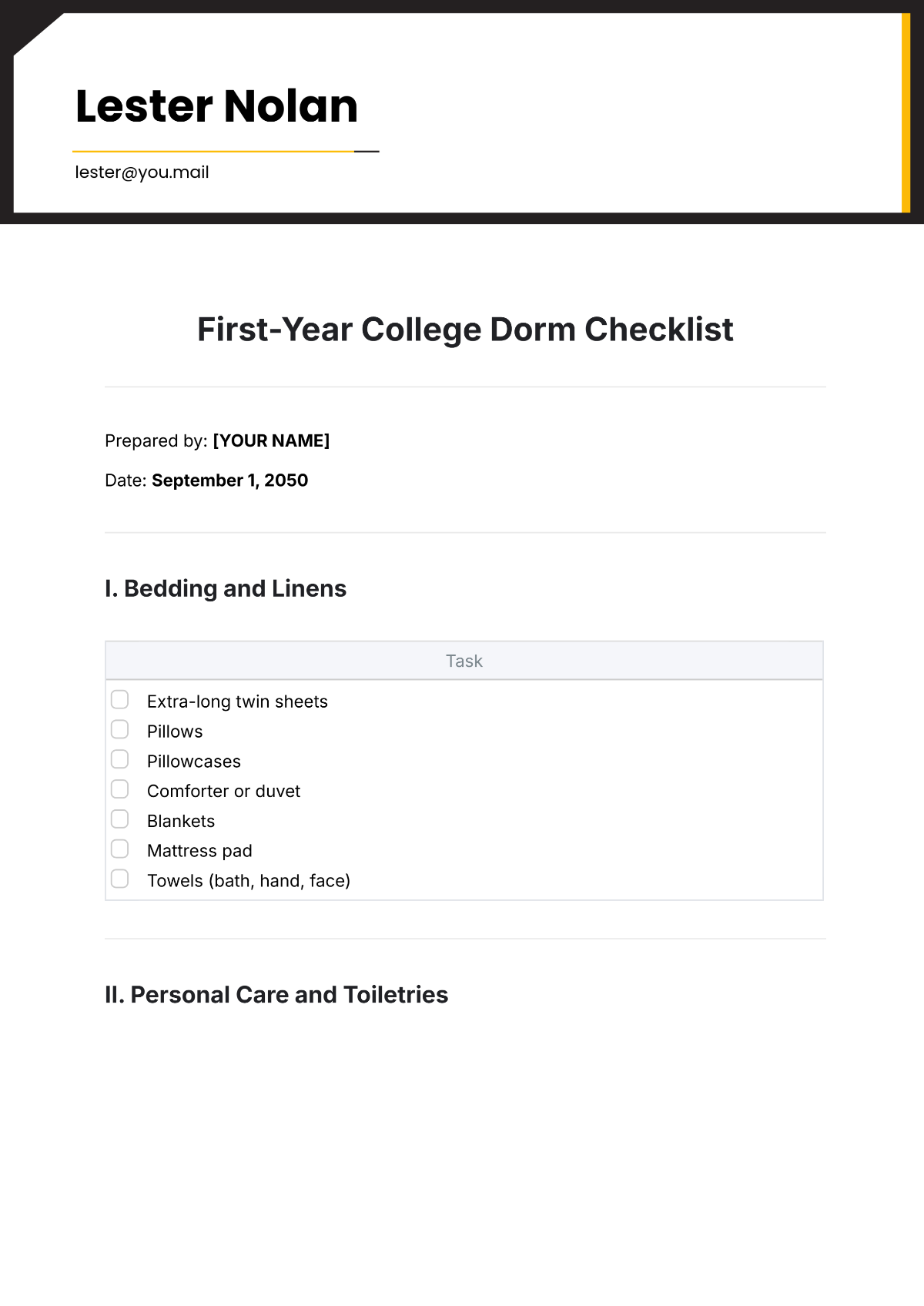 First Year College Dorm Checklist Template - Edit Online & Download