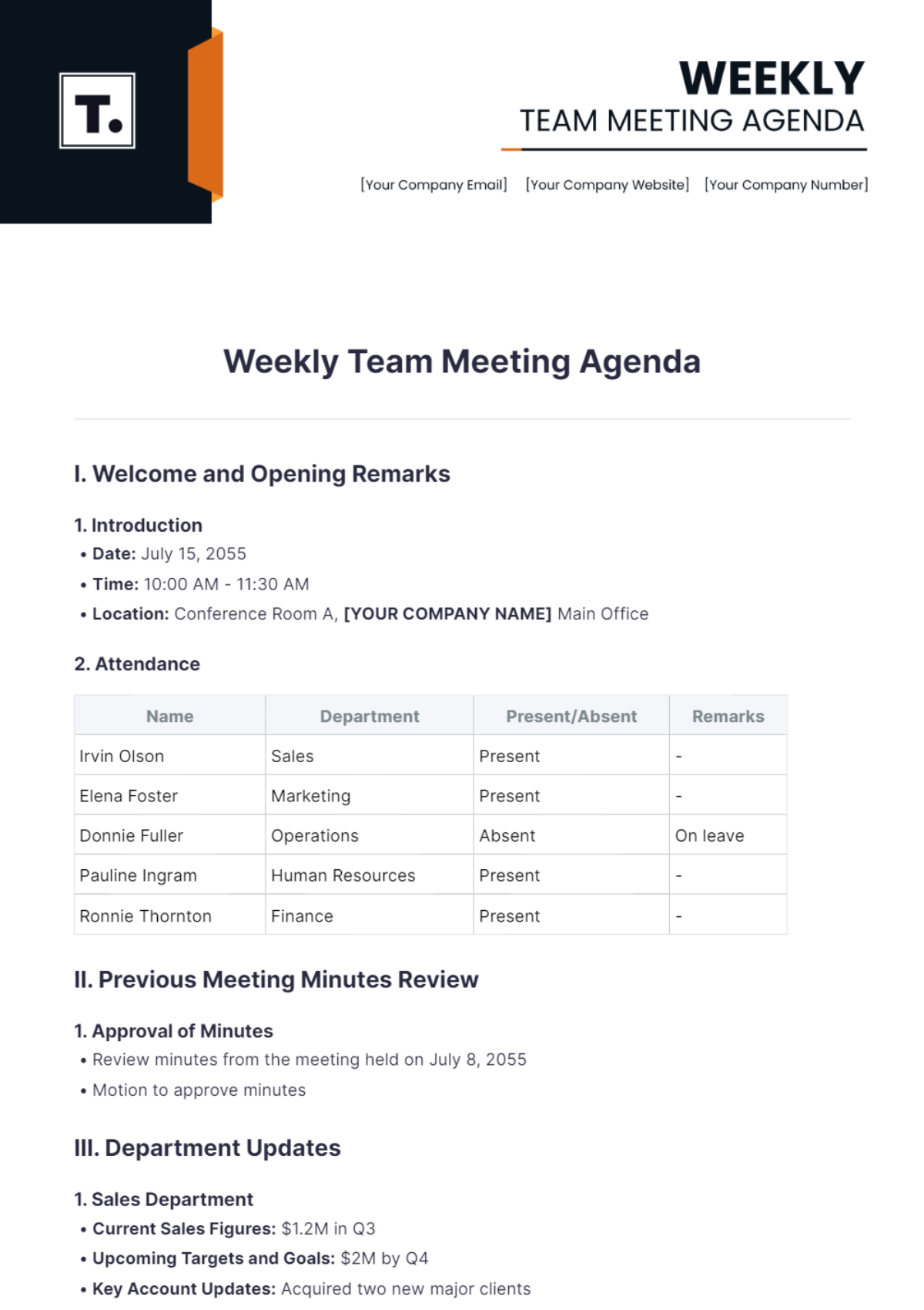 Weekly Team Meeting Agenda  Template - Edit Online & Download