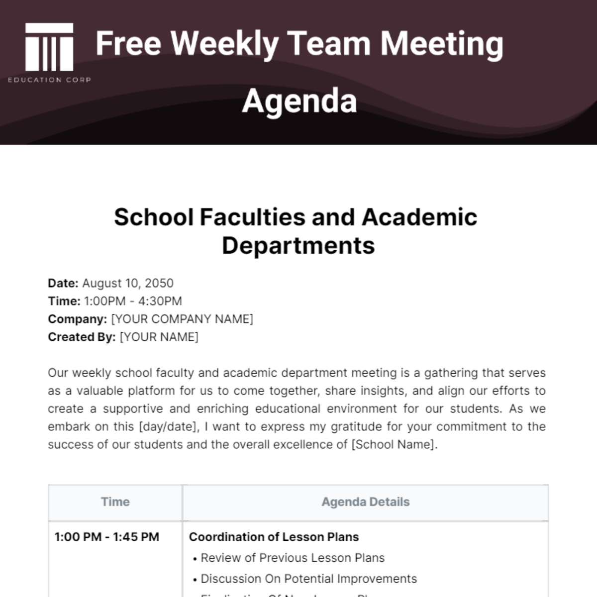 Weekly Team Meeting Agenda  Template