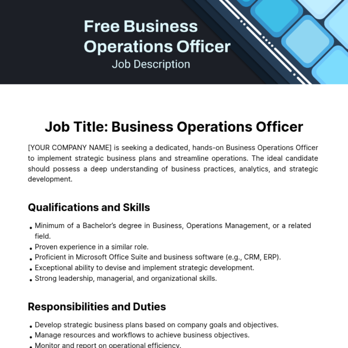 Free Business Operations Officer Job Description Template