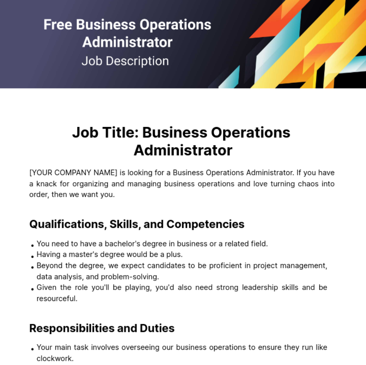 Business Operations Administrator Job Description Template