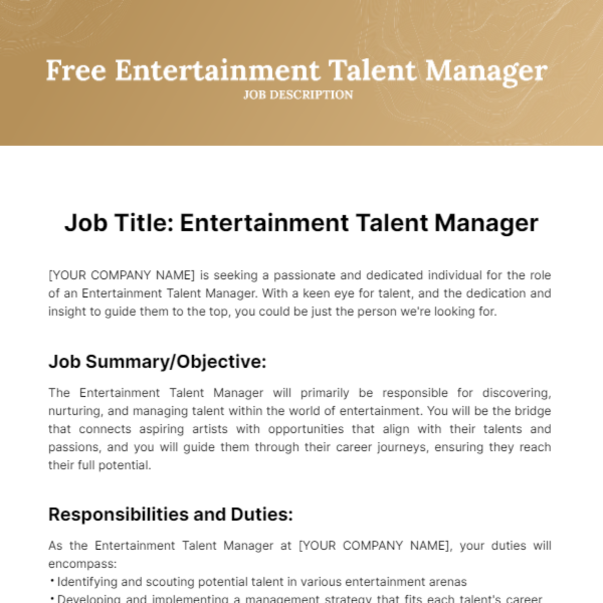 Entertainment Talent Manager Job Description Template