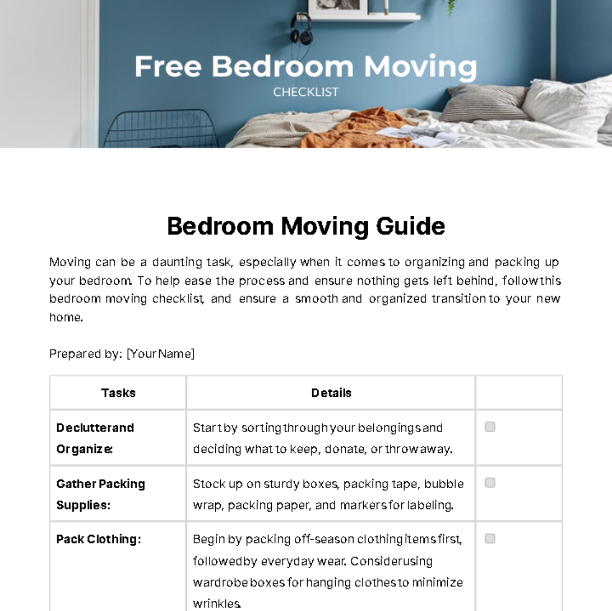 Bedroom Moving Checklist Template