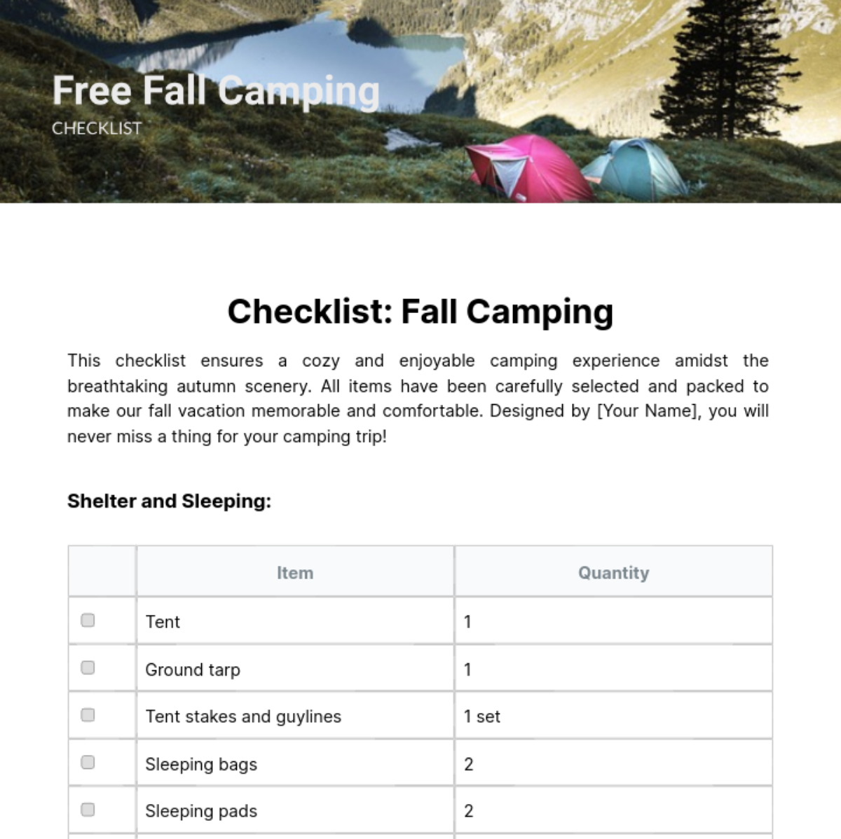 Free Fall Camping Checklist Template