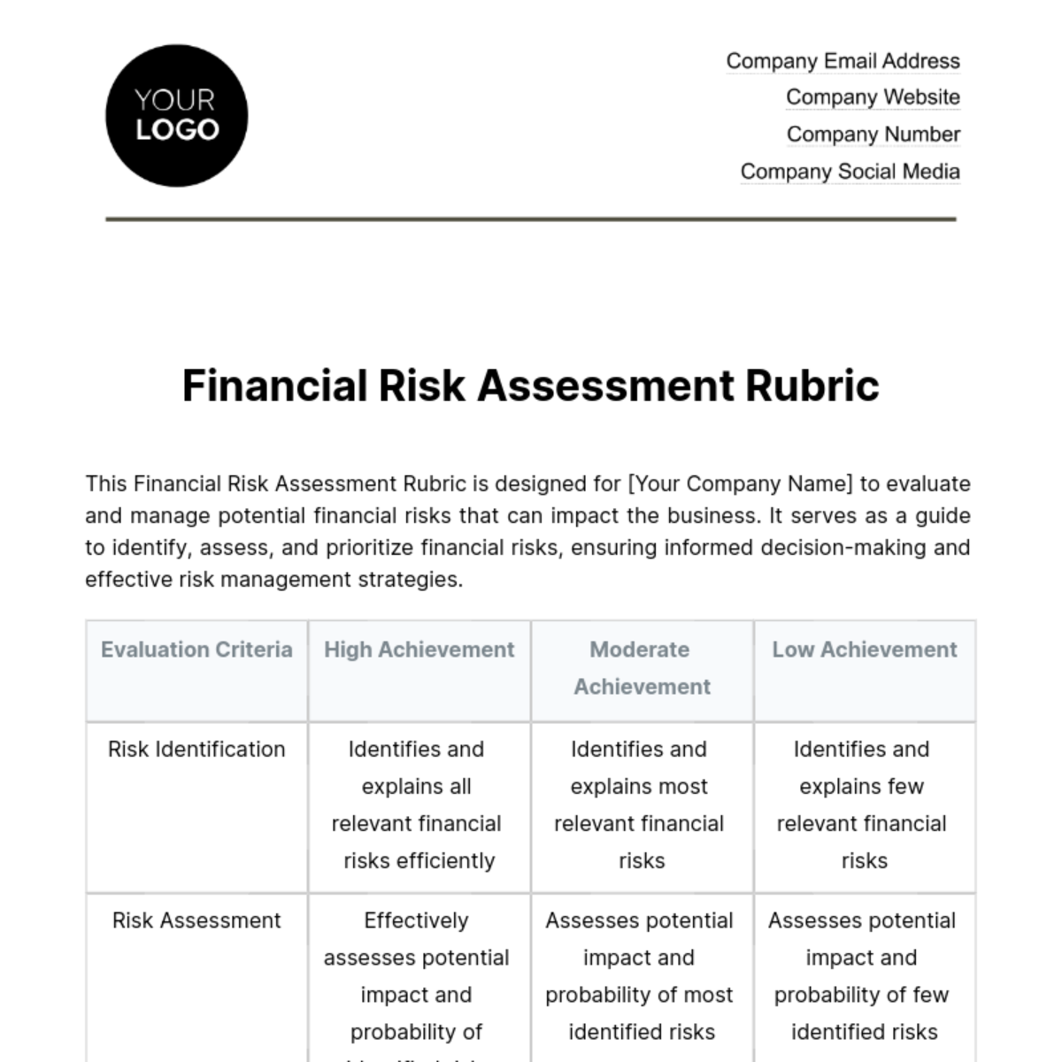 Financial Risk Assessment Rubric Template
