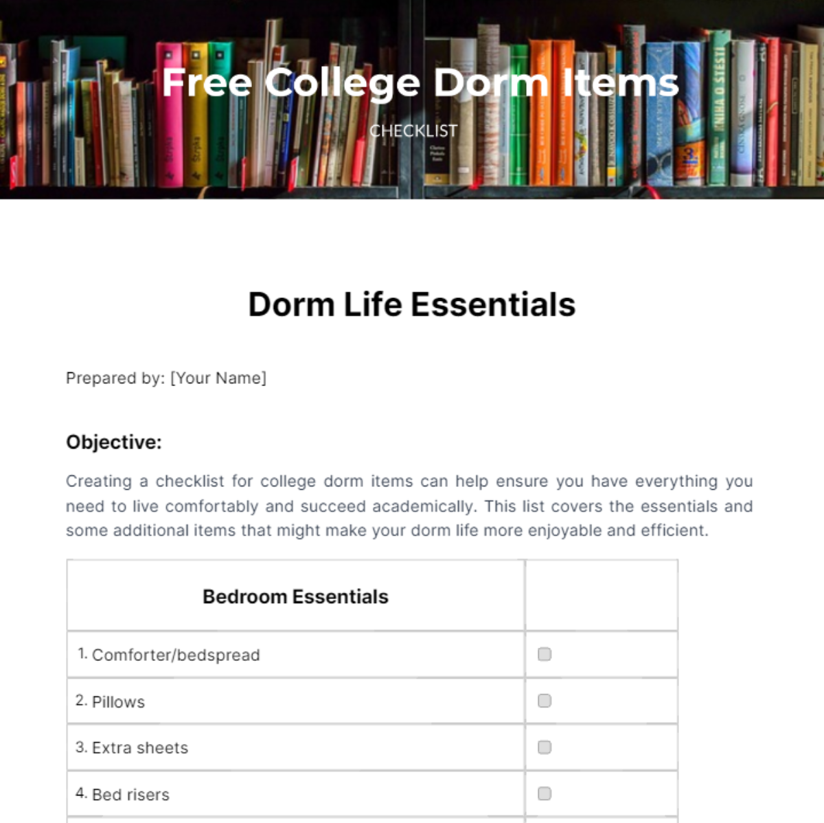 College Dorm Items Checklist Template