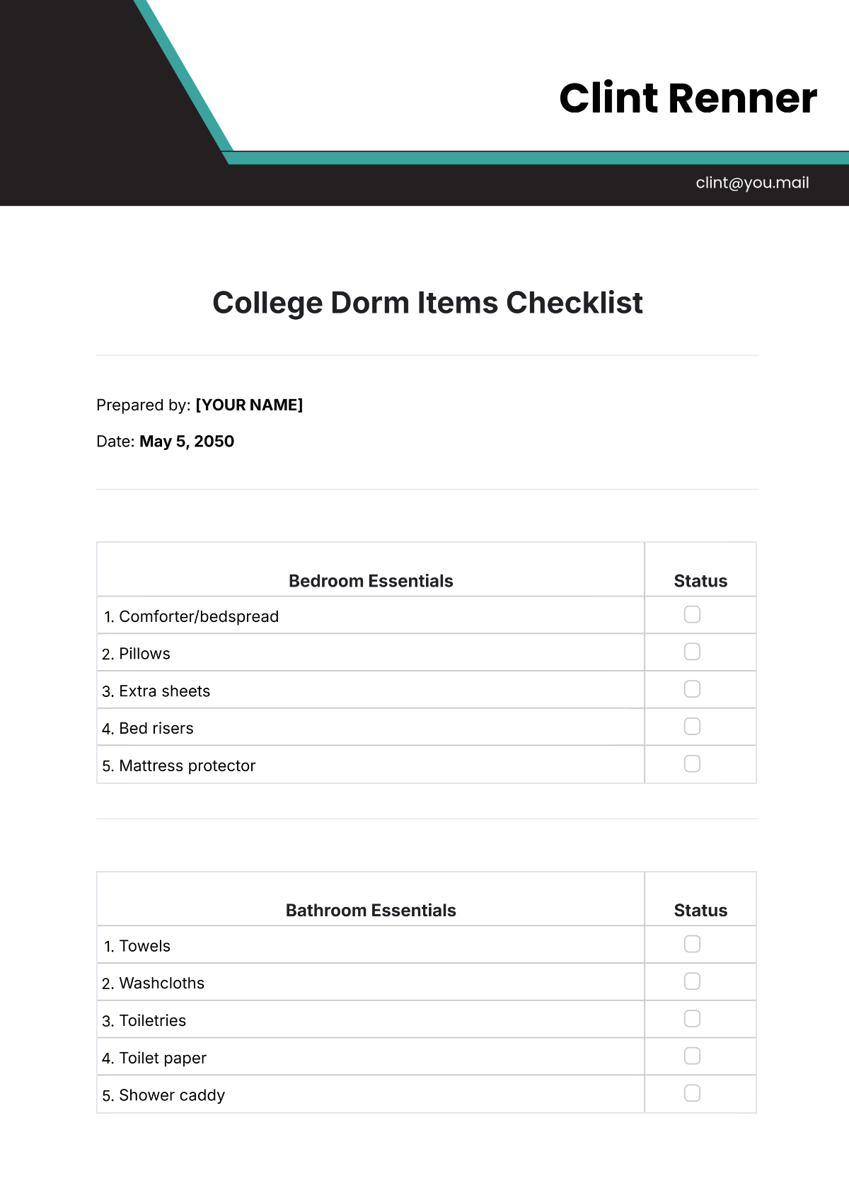 College Dorm Items Checklist Template - Edit Online & Download