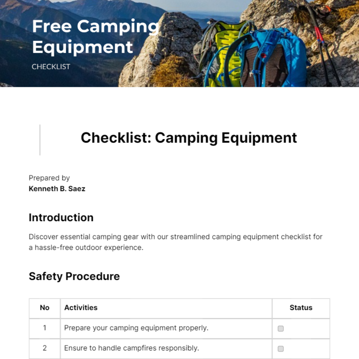 Free Camping Equipment Checklist - Edit Online & Download | Template.net