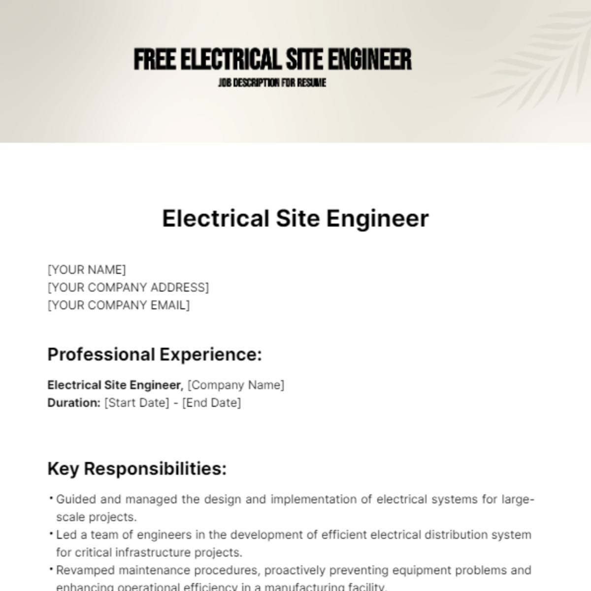 Free Electrical Site Engineer Job Description for Resume Template