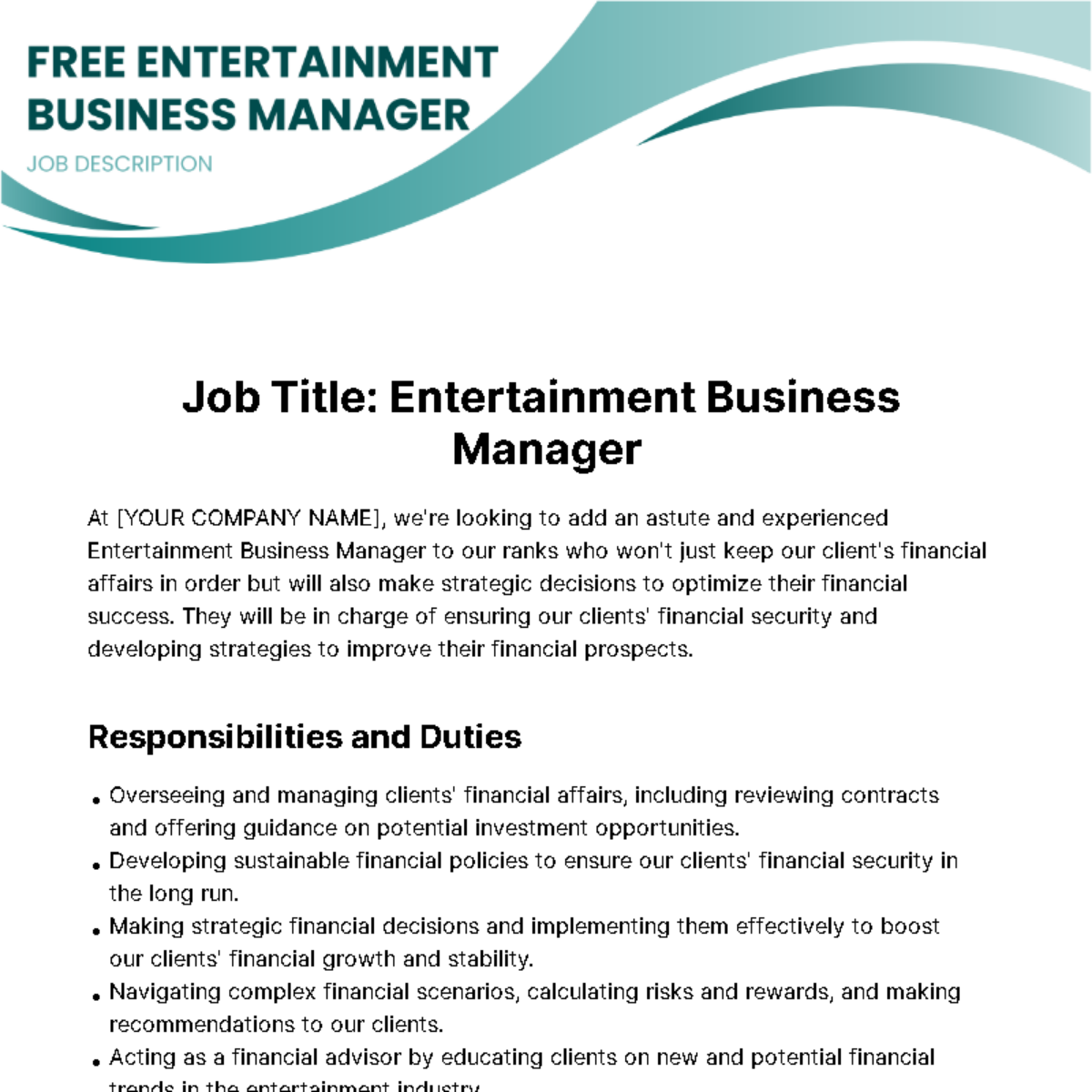 Free Entertainment Business Manager Job Description Template