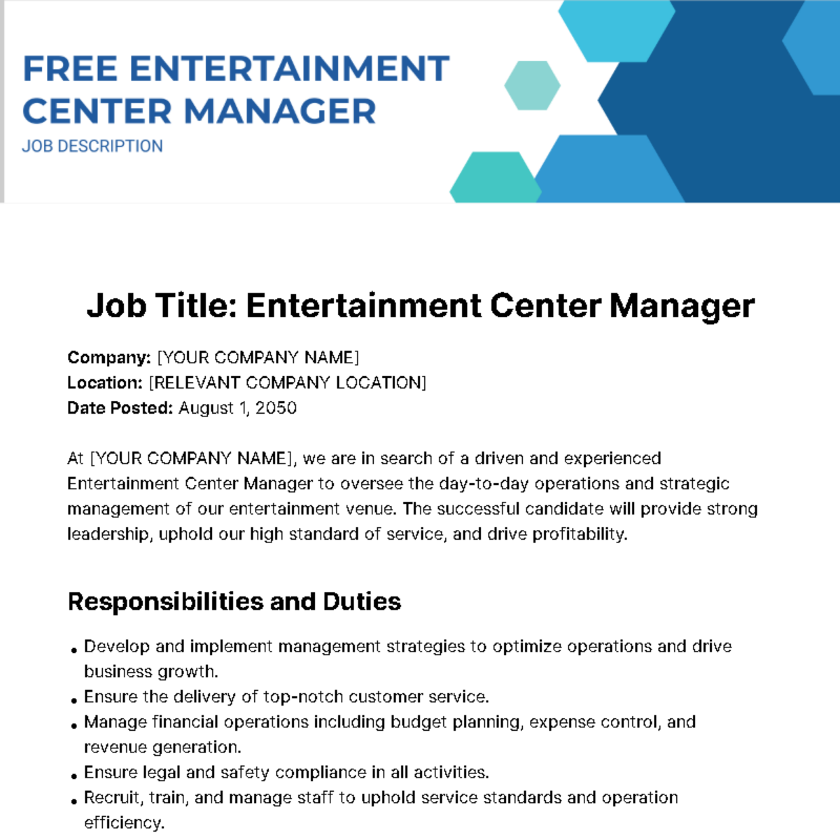 Entertainment Center Manager Job Description Template