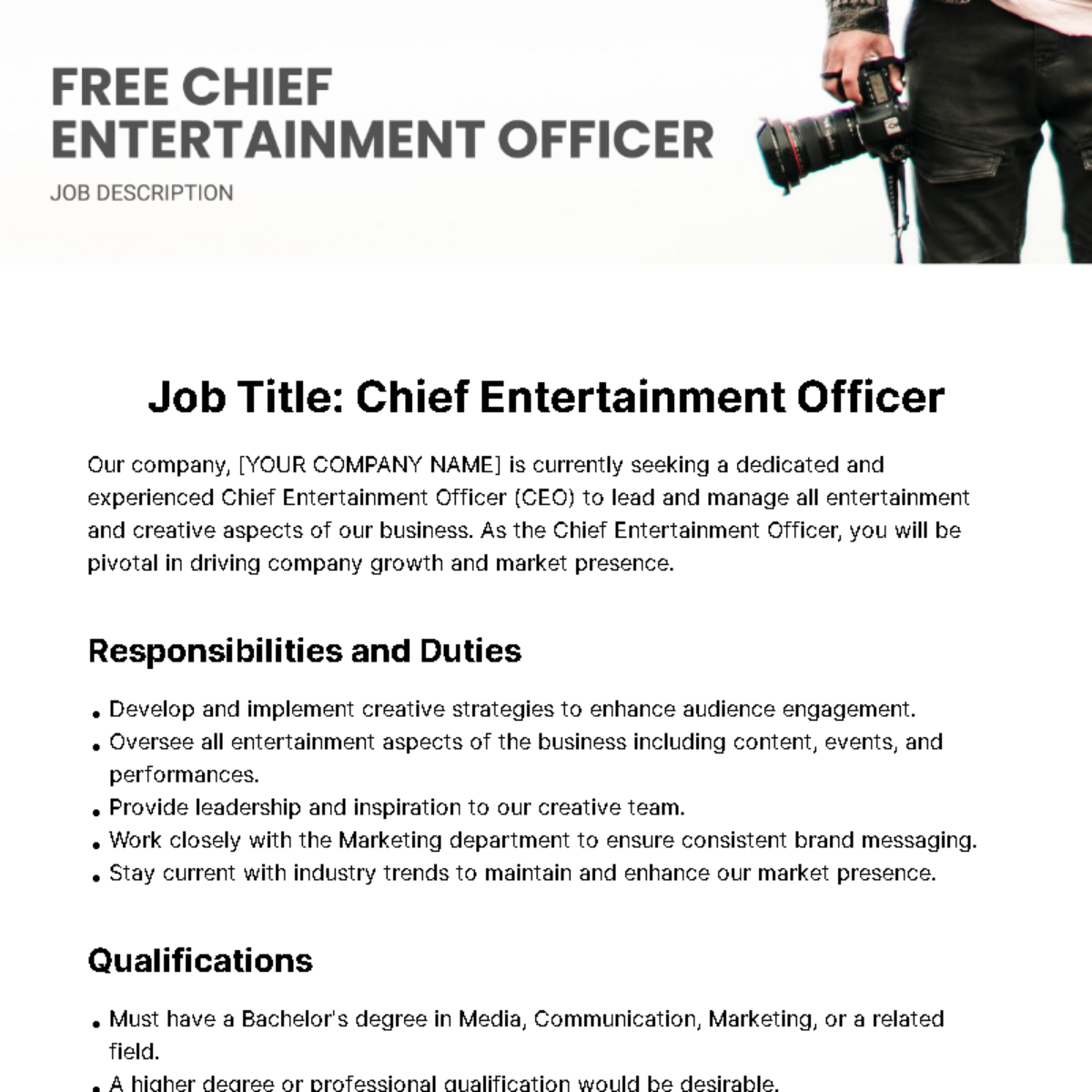 Chief Entertainment Officer Job Description Template