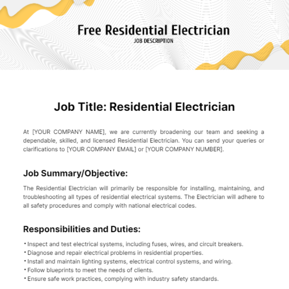 Free Residential Electrician Job Description Template