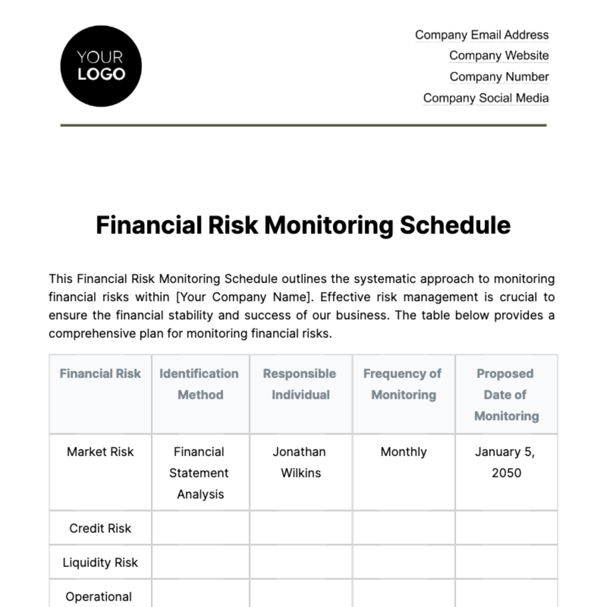 Financial Risk Monitoring Schedule Template