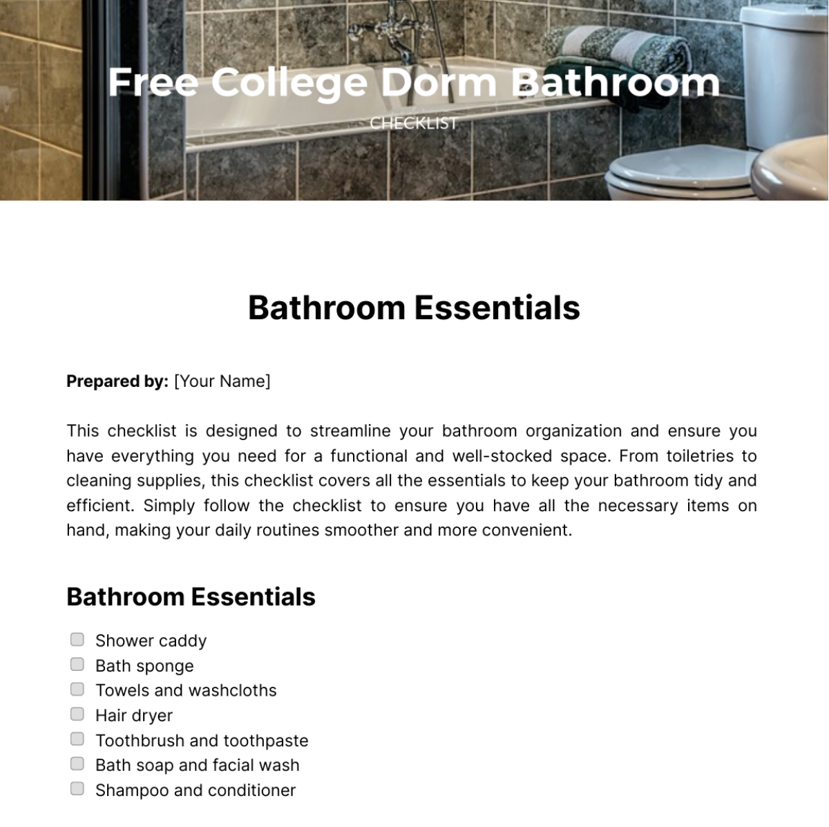 Free College Dorm Bathroom Checklist Template