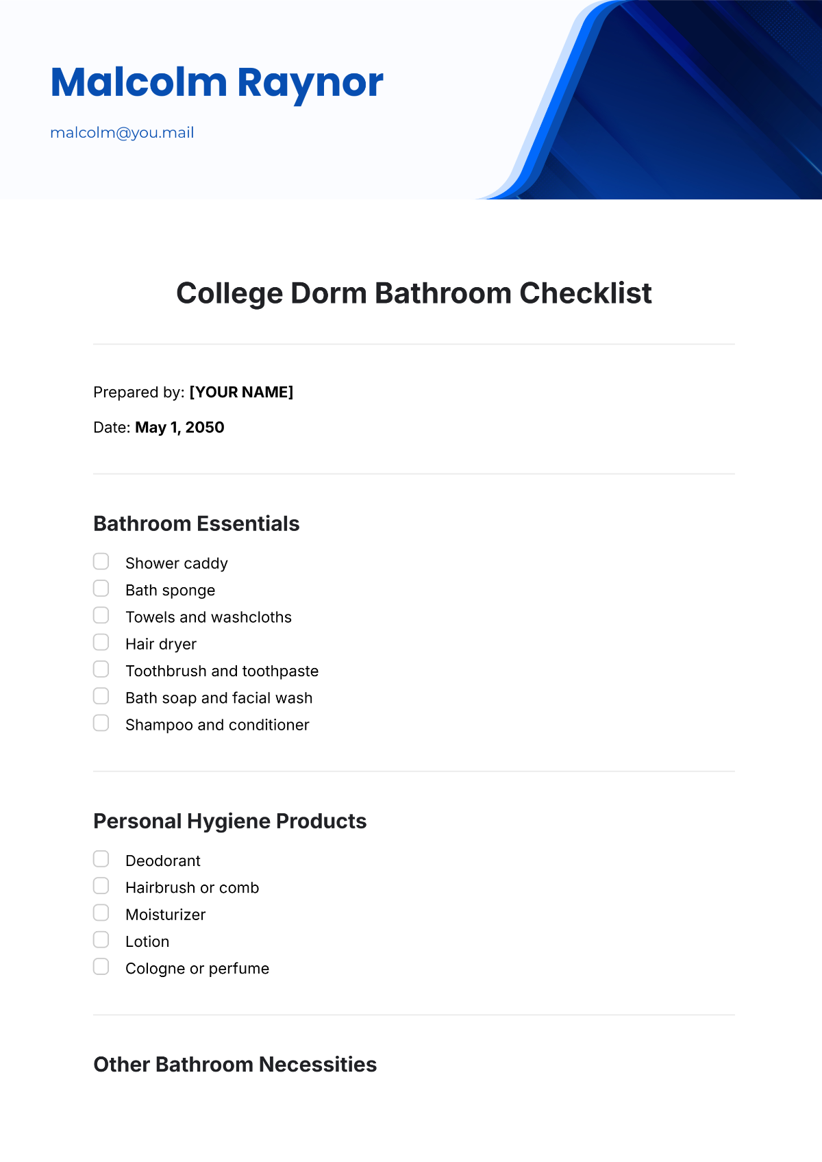 College Dorm Bathroom Checklist Template - Edit Online & Download