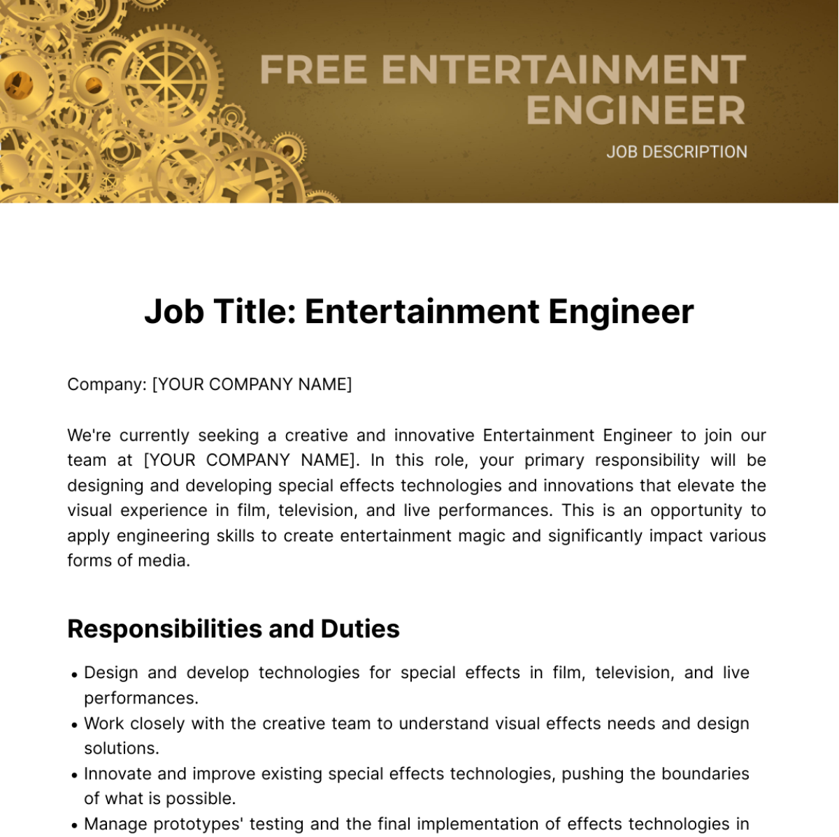 Free Entertainment Engineer Job Description Template