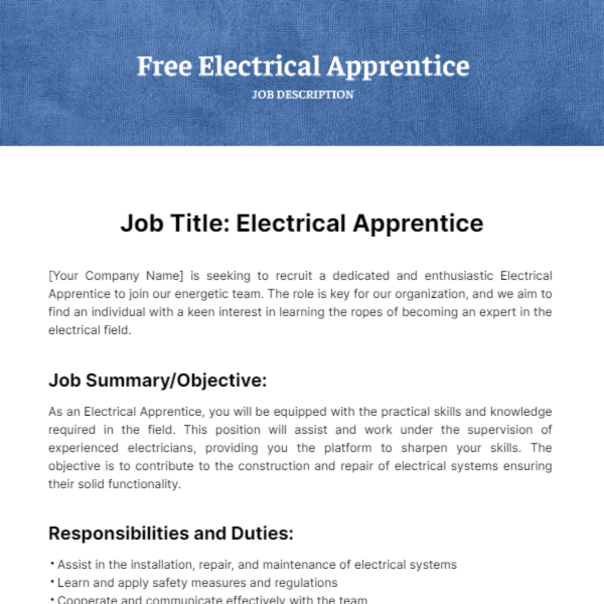 Free Electrical Apprentice Job Description Template