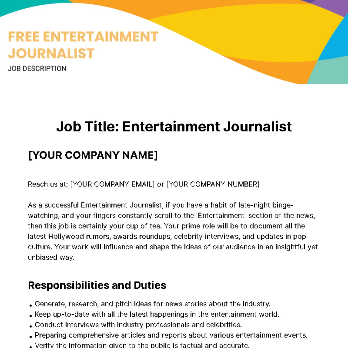 Free Entertainment Journalist Job Description Template