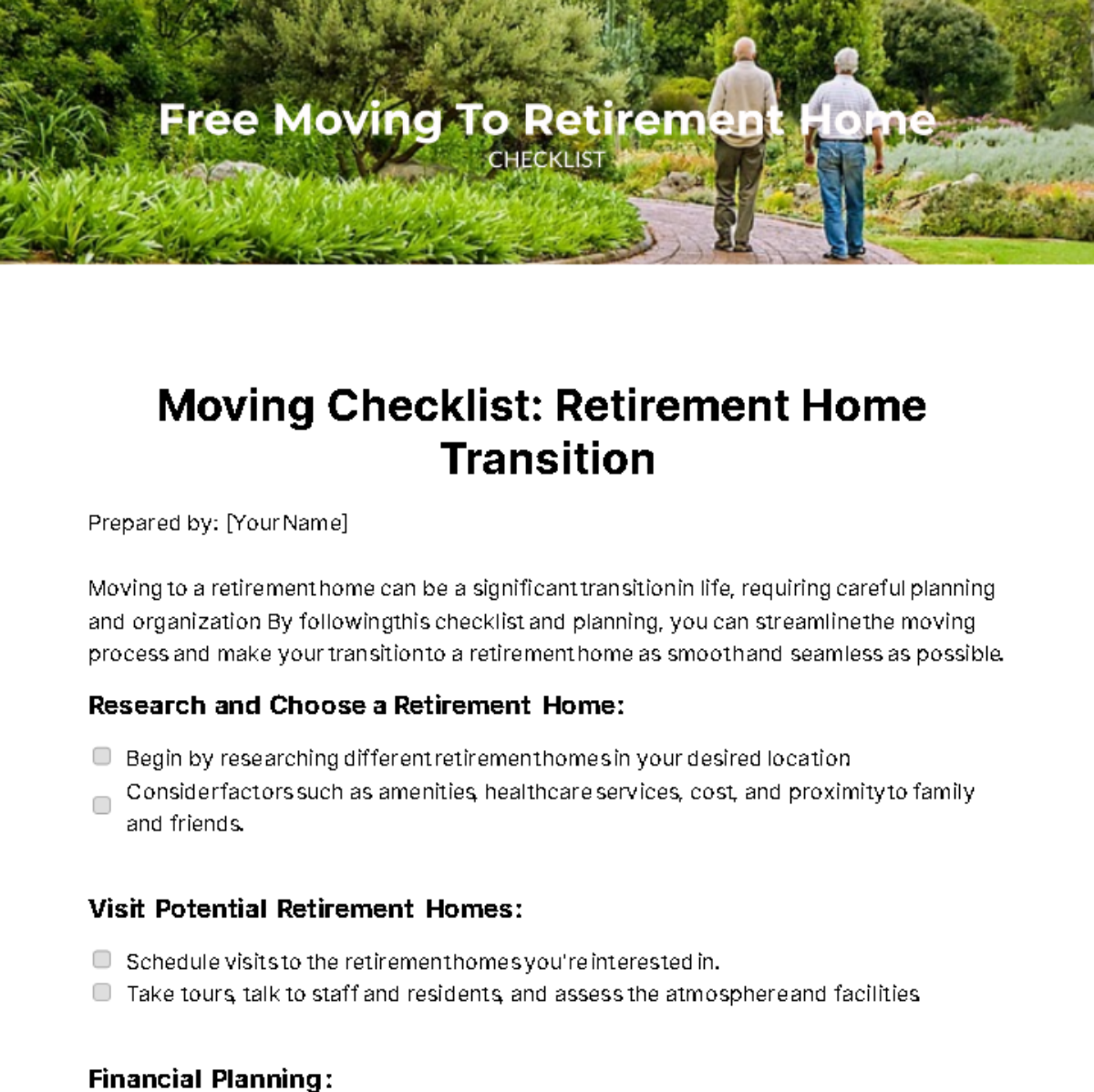 Free Moving To Retirement Home Checklist Template