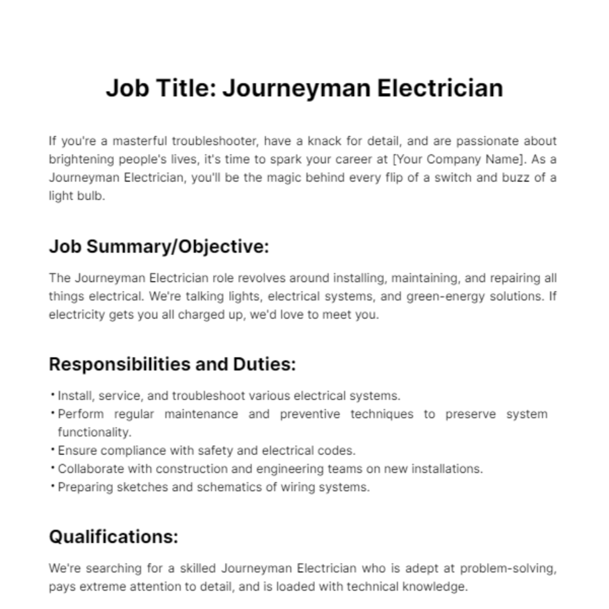 Free Journeyman Electrician Job Description Template