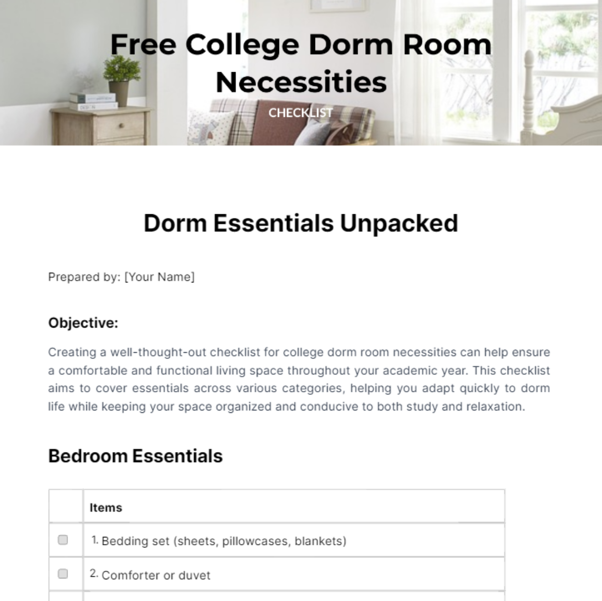 College Dorm Room Necessities Checklist Template