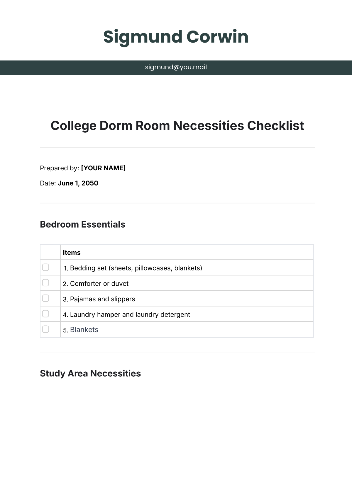 College Dorm Room Necessities Checklist Template - Edit Online & Download