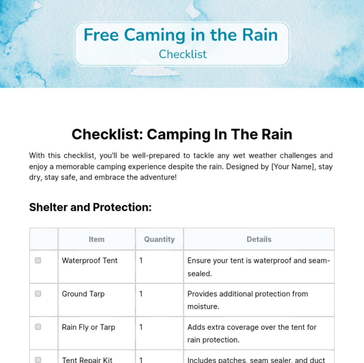 Camping In The Rain Checklist Template