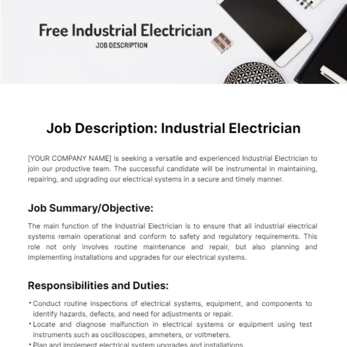 Industrial Electrician Job Description Template