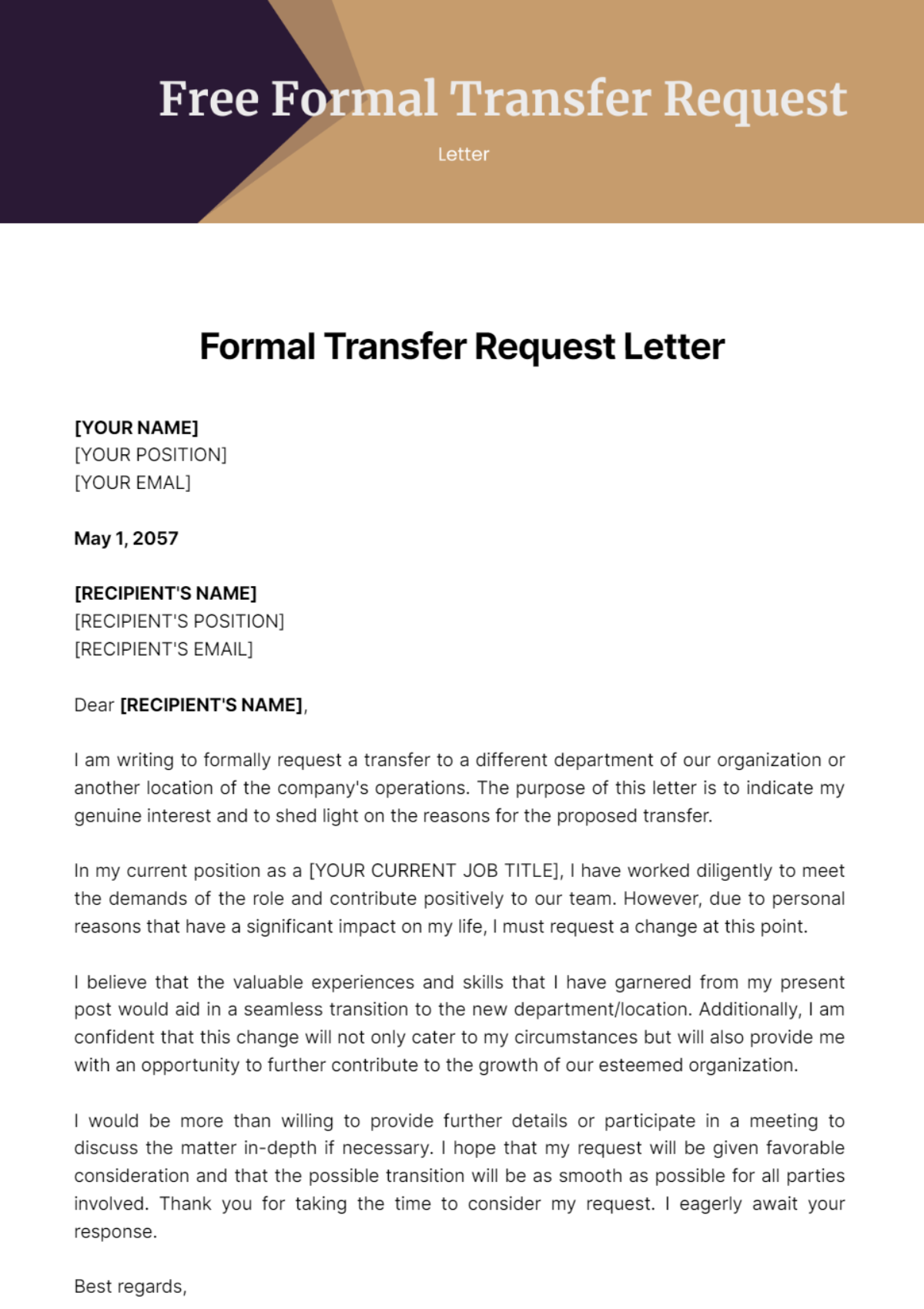 Free Formal Transfer Request Letter Template
