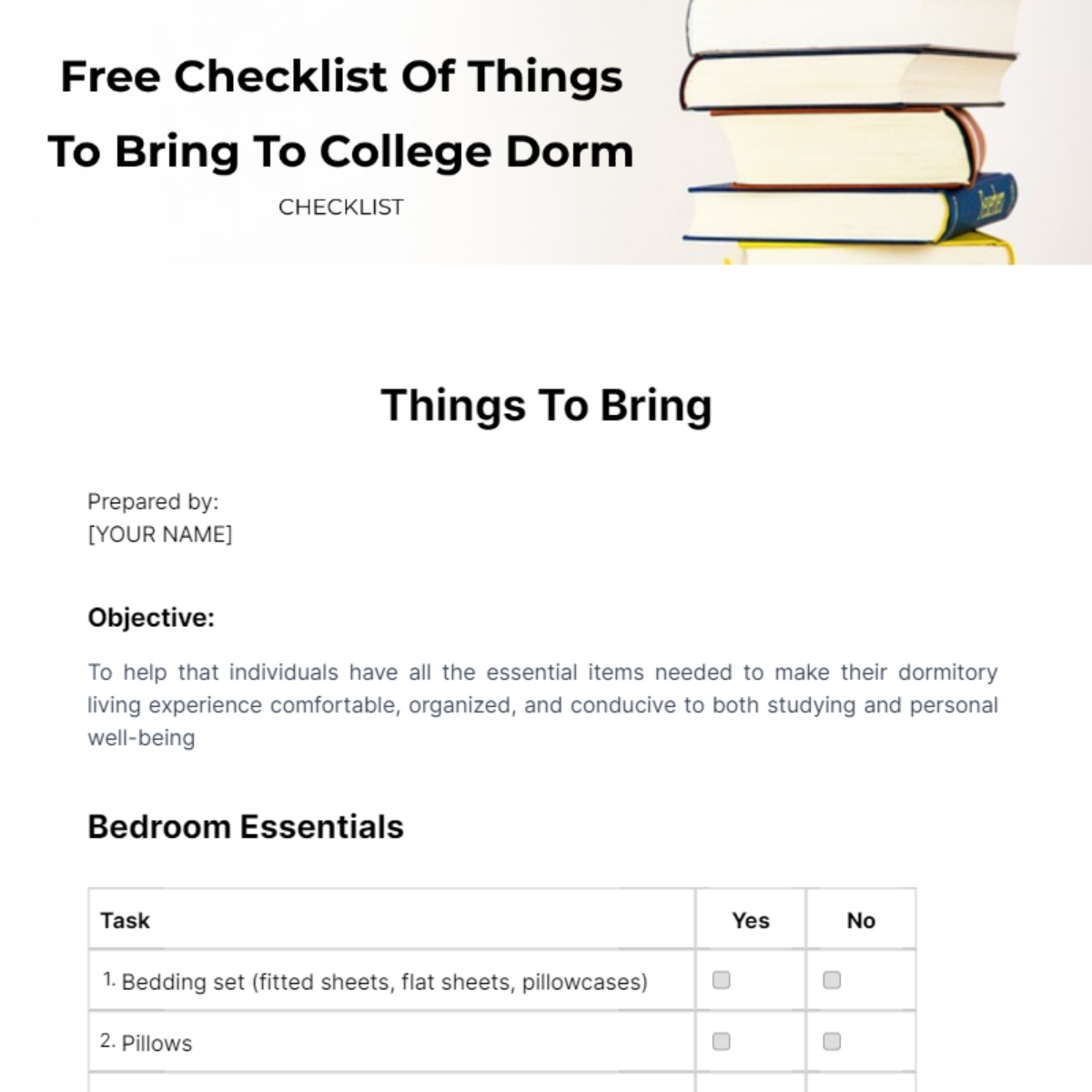 Free Checklist Of Things To Bring To College Dorm Template